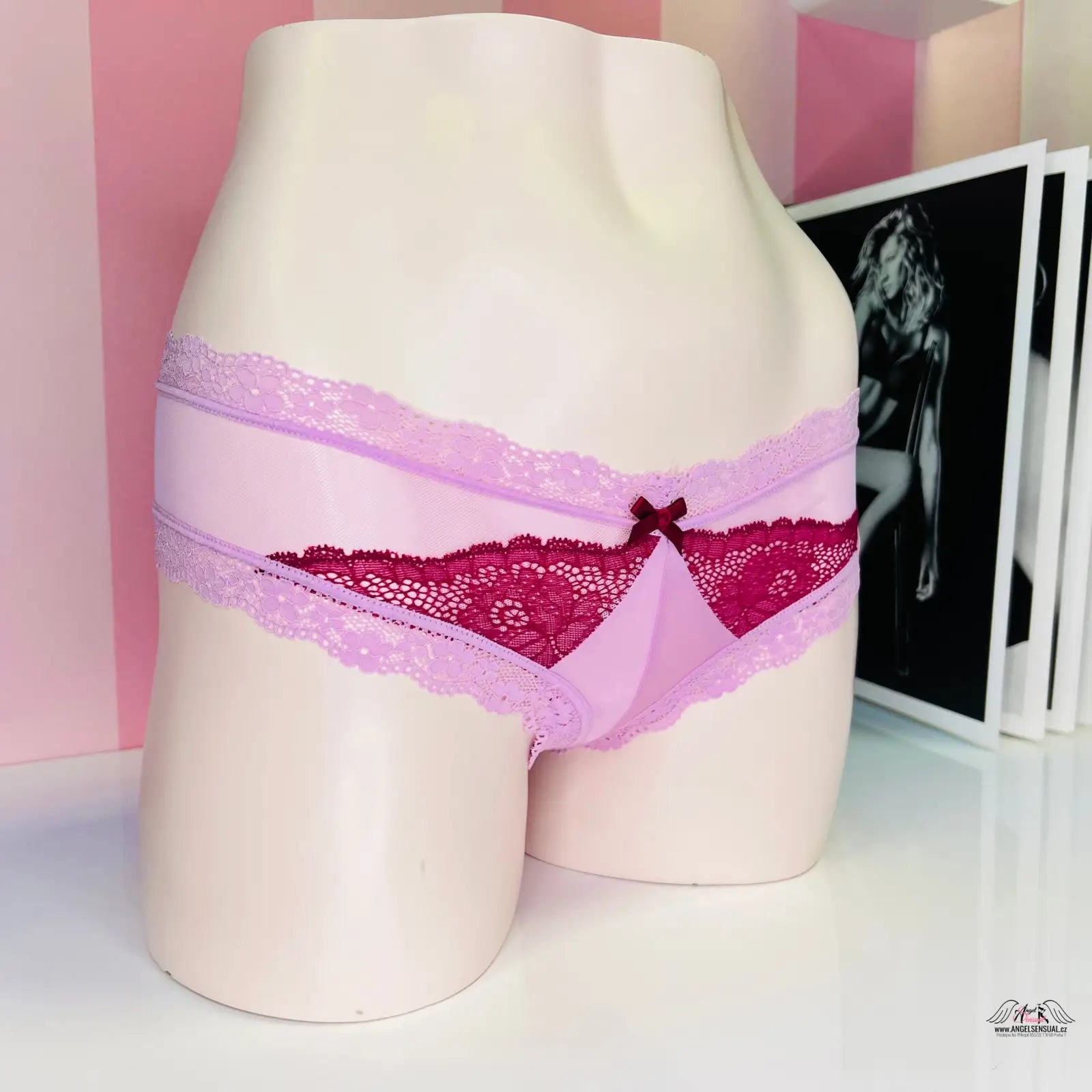 Smyslný look sítěované nízké kalhotky Victoria’s Secret s krajkou a mašlí