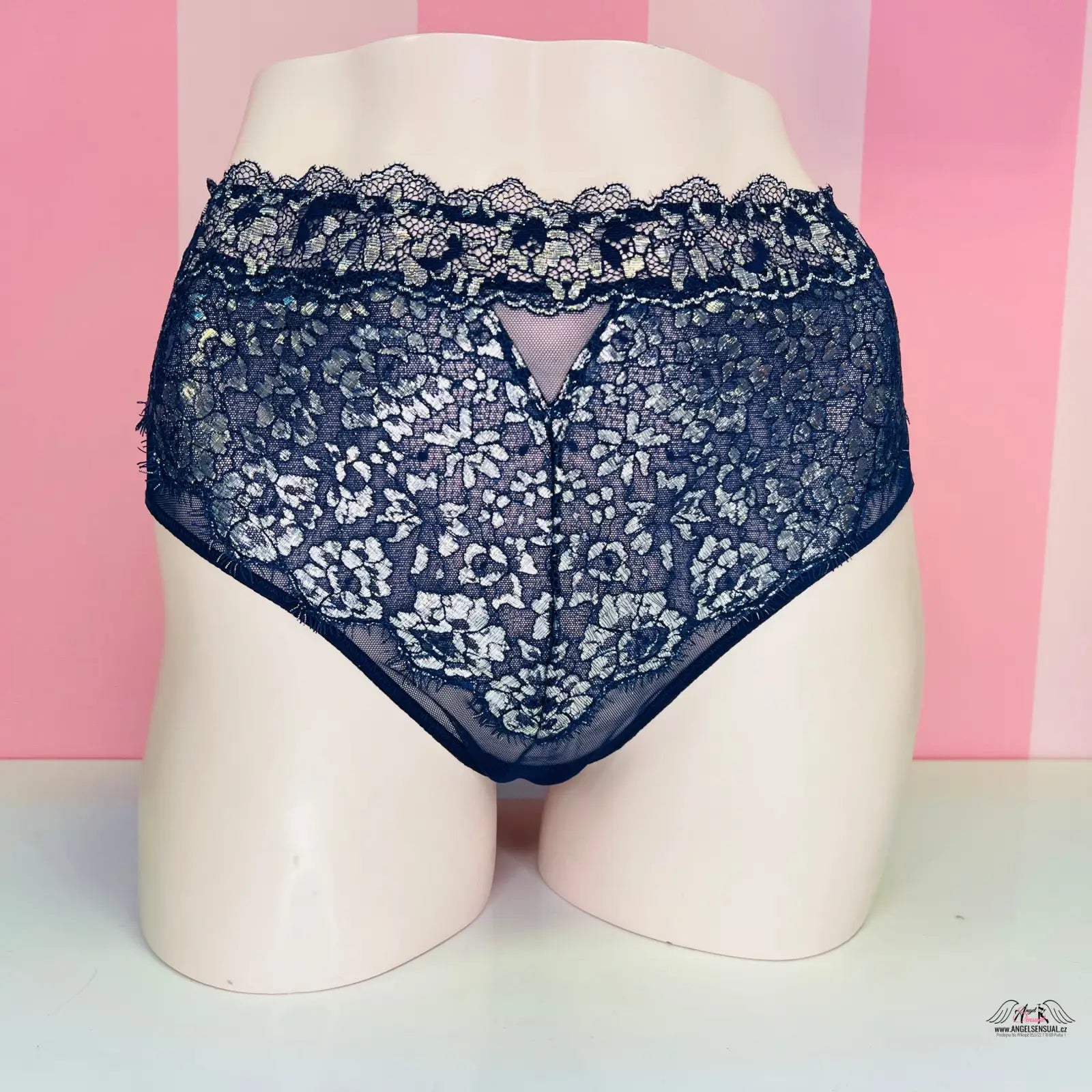 Navy blue krajkové cheeky kalhotky Victoria’s Secret s vysokým pasem na figuríně