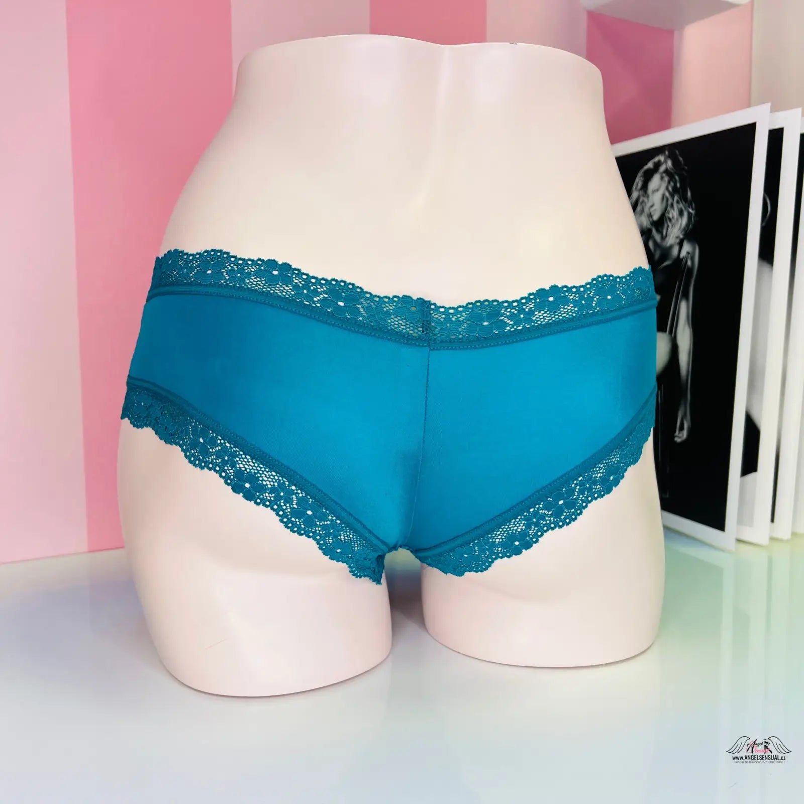 Teal nízce střižené kalhotky Victoria’s Secret s krajkou a mašličkou