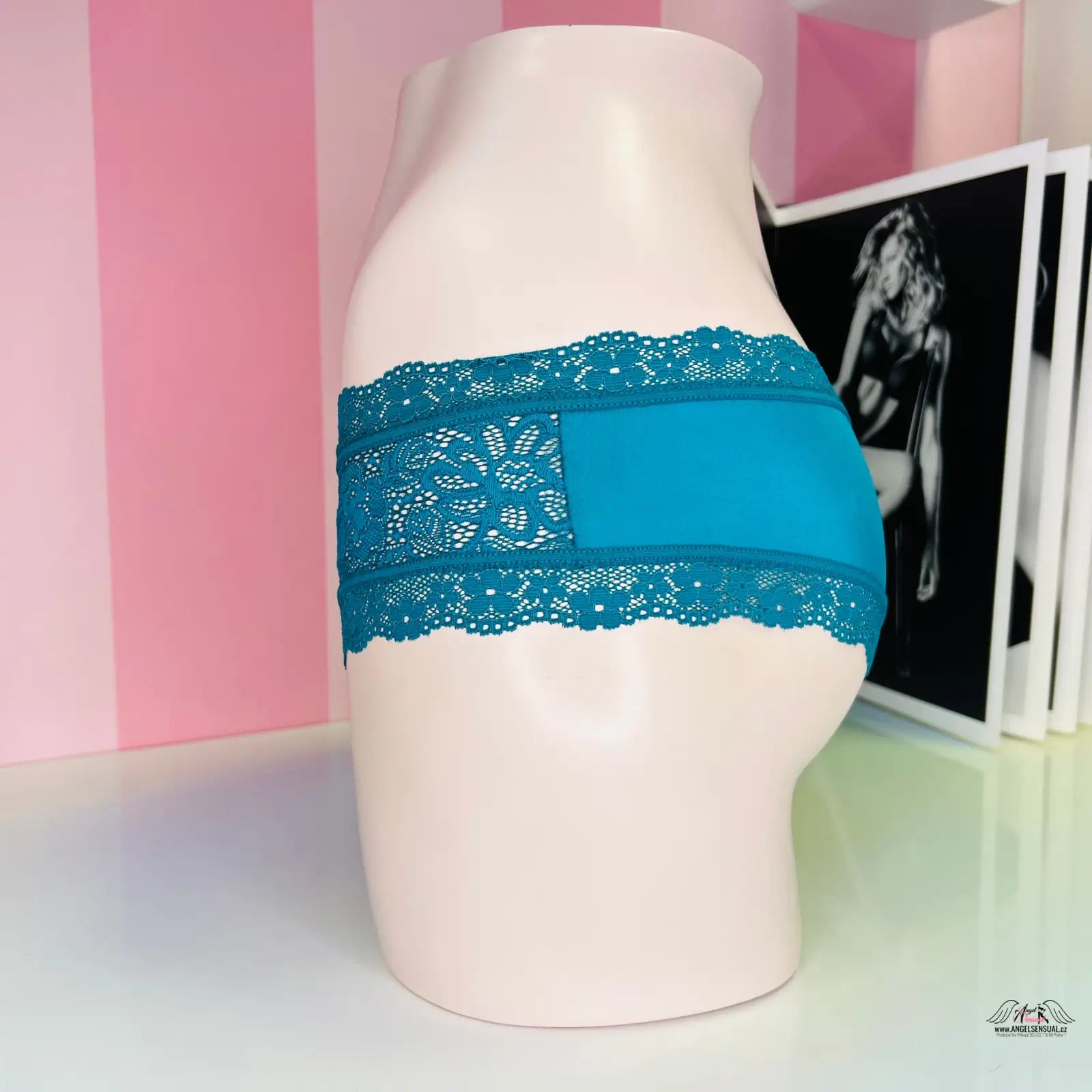 Teal nízce střižené kalhotky Victoria’s Secret s krajkou a mašličkou