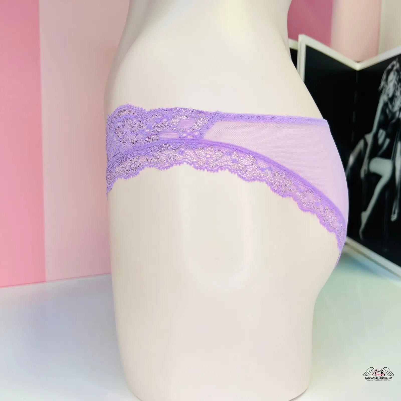 Lavender lace-trimmed panties with síťované kalhotky design, přední straně, Victoria’s Secret