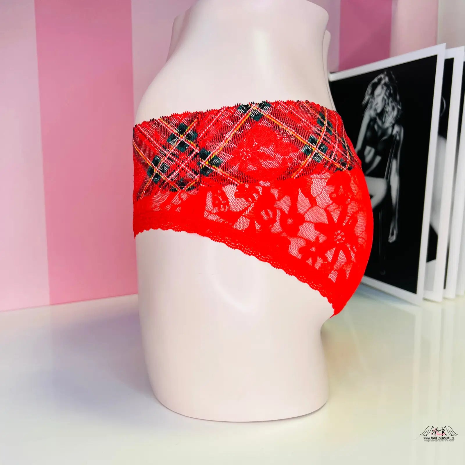 Red plaid a krajkové kalhotky s květinovým vzorem na modelu, elegantní celokrajkové kalhotky