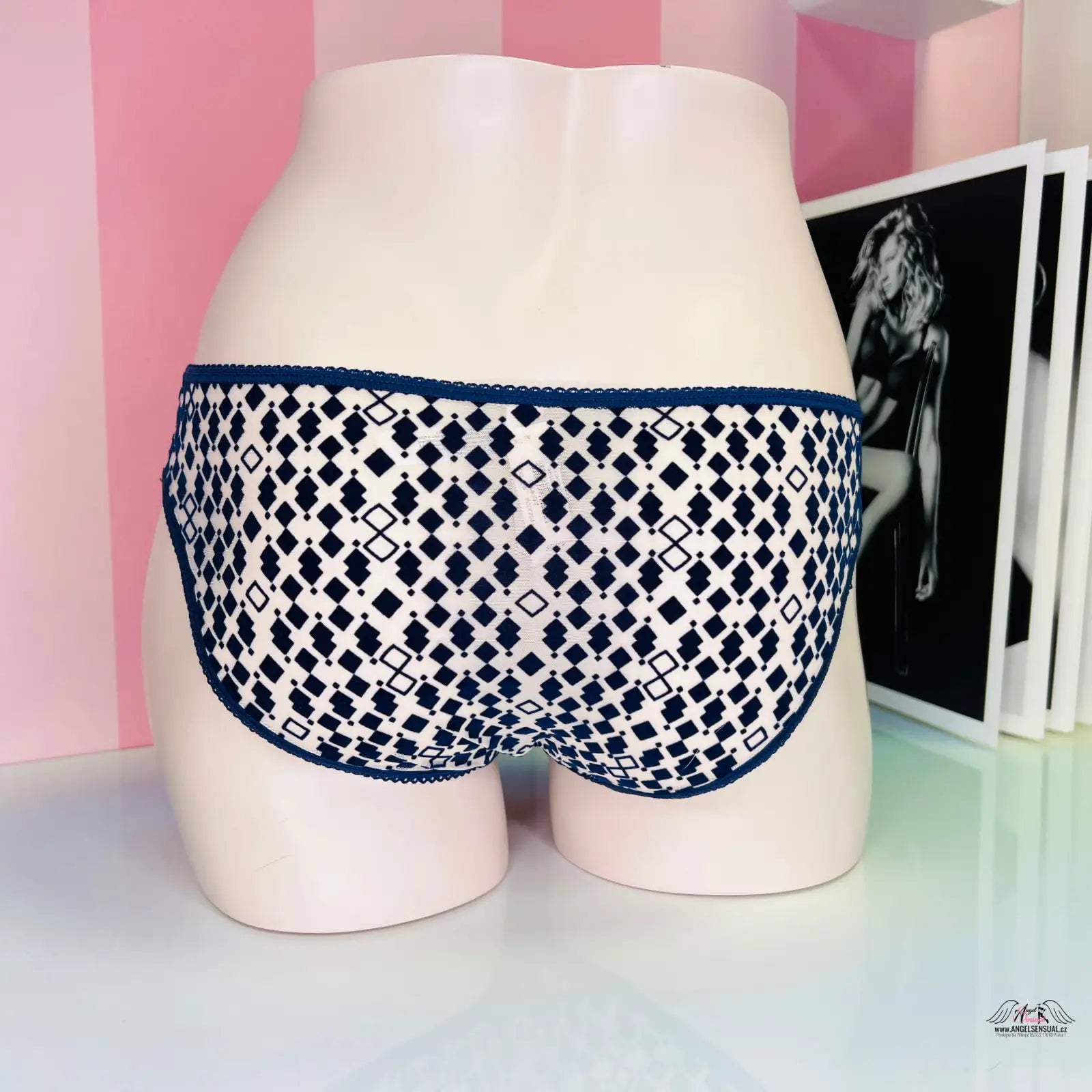 Mannequin lower torso s průsvitnými síťovanými kalhotkami s jemnými ornamenty na zvláštní příležitosti