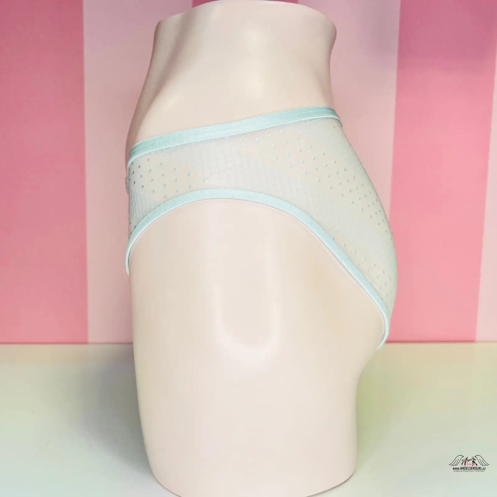 Mannequin s modrými síťovanými kalhotkami Victoria’s Secret Kalhotky Síťované s Puntíky