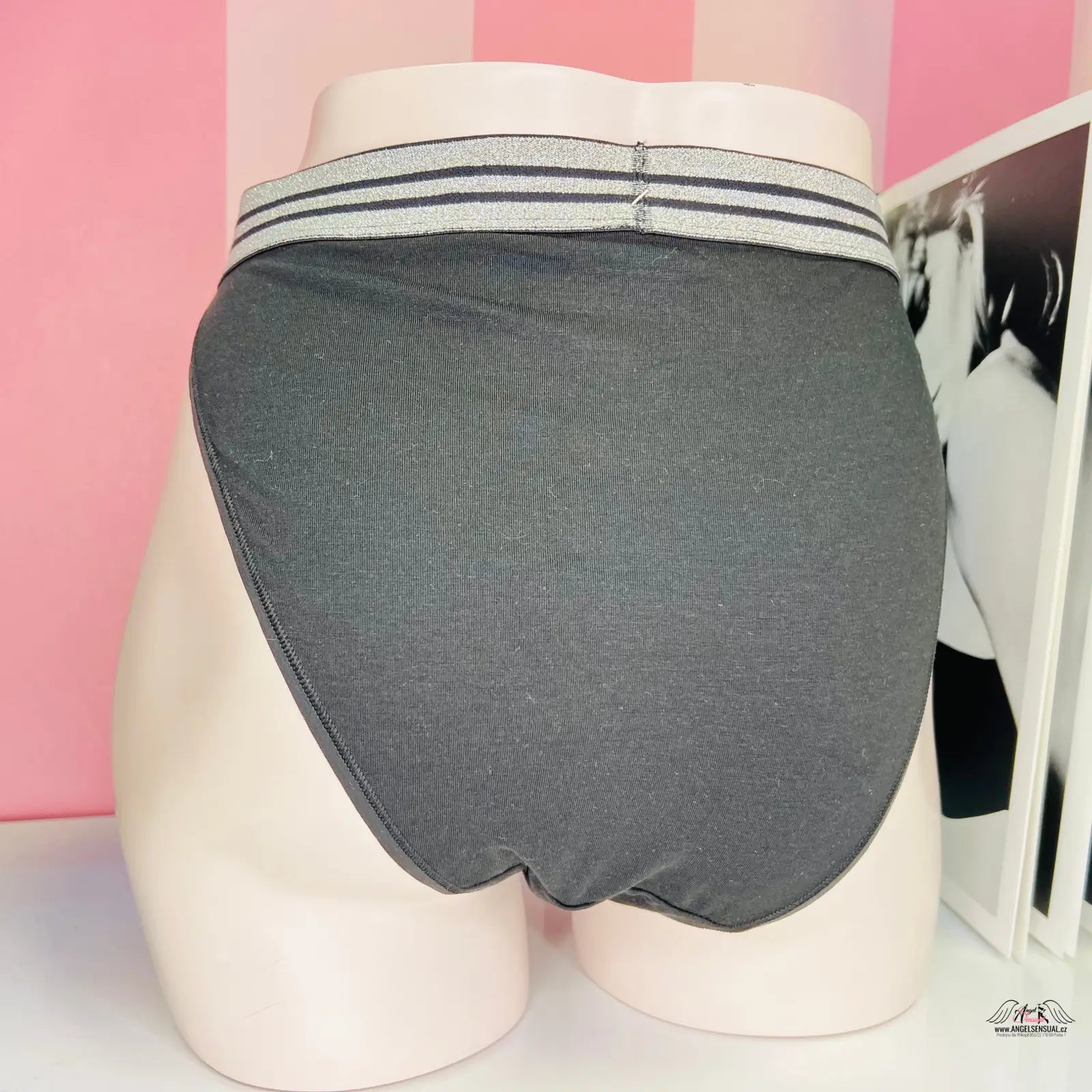 Ženské torzo v šedém spodním prádle Victoria’s Secret Kalhotky Vyšší Pas s Černé bikiny a stříbrným pruhem