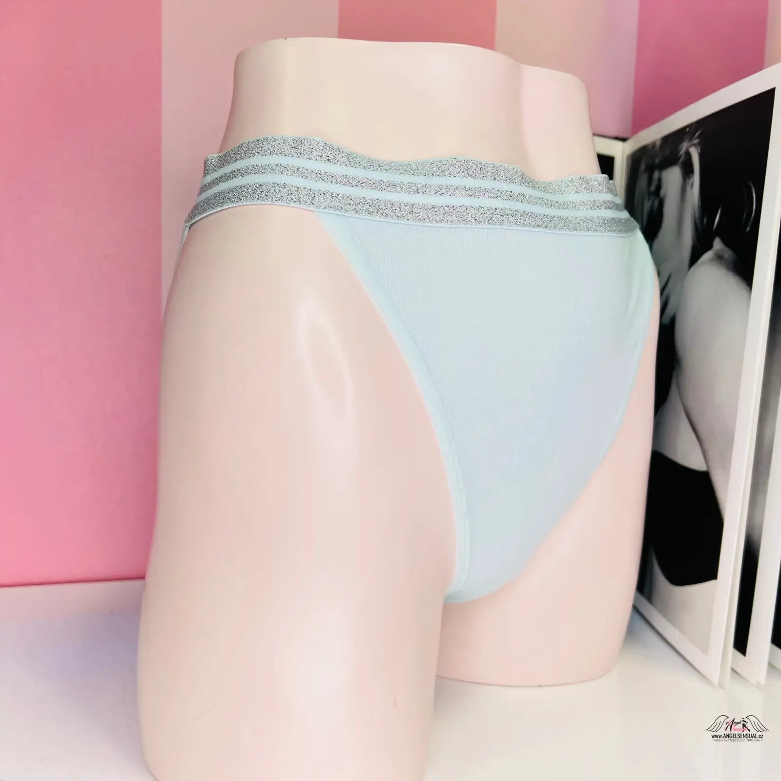 Žena v modrých kalhotkách s stříbrným pruhem z kolekce Victoria’s Secret Kalhotky Vyšší Pas Více Barev