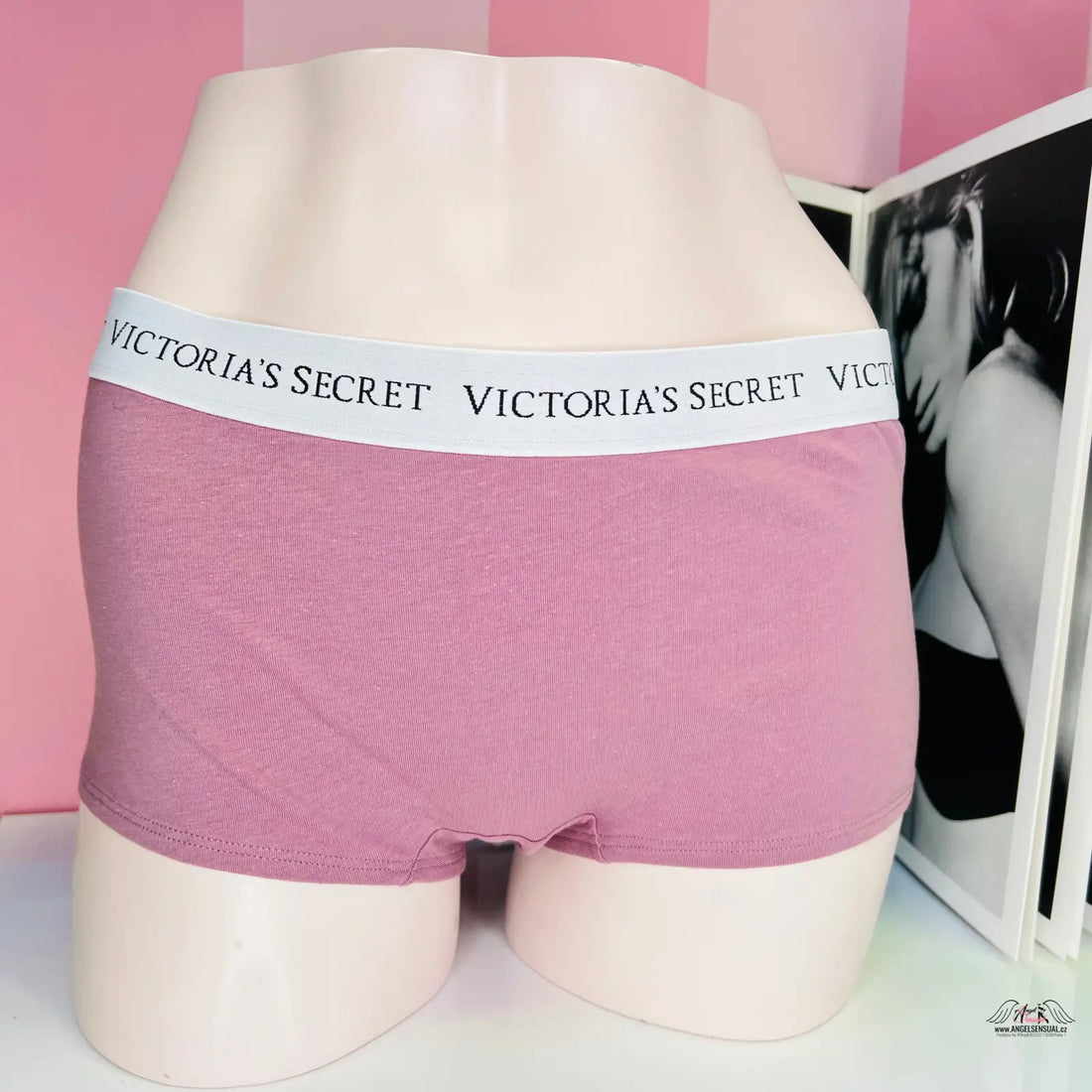 Růžové kalhotky Victoria’s Secret Kraťáskové Kalkotky s bílou stuhou a měkkou gumou