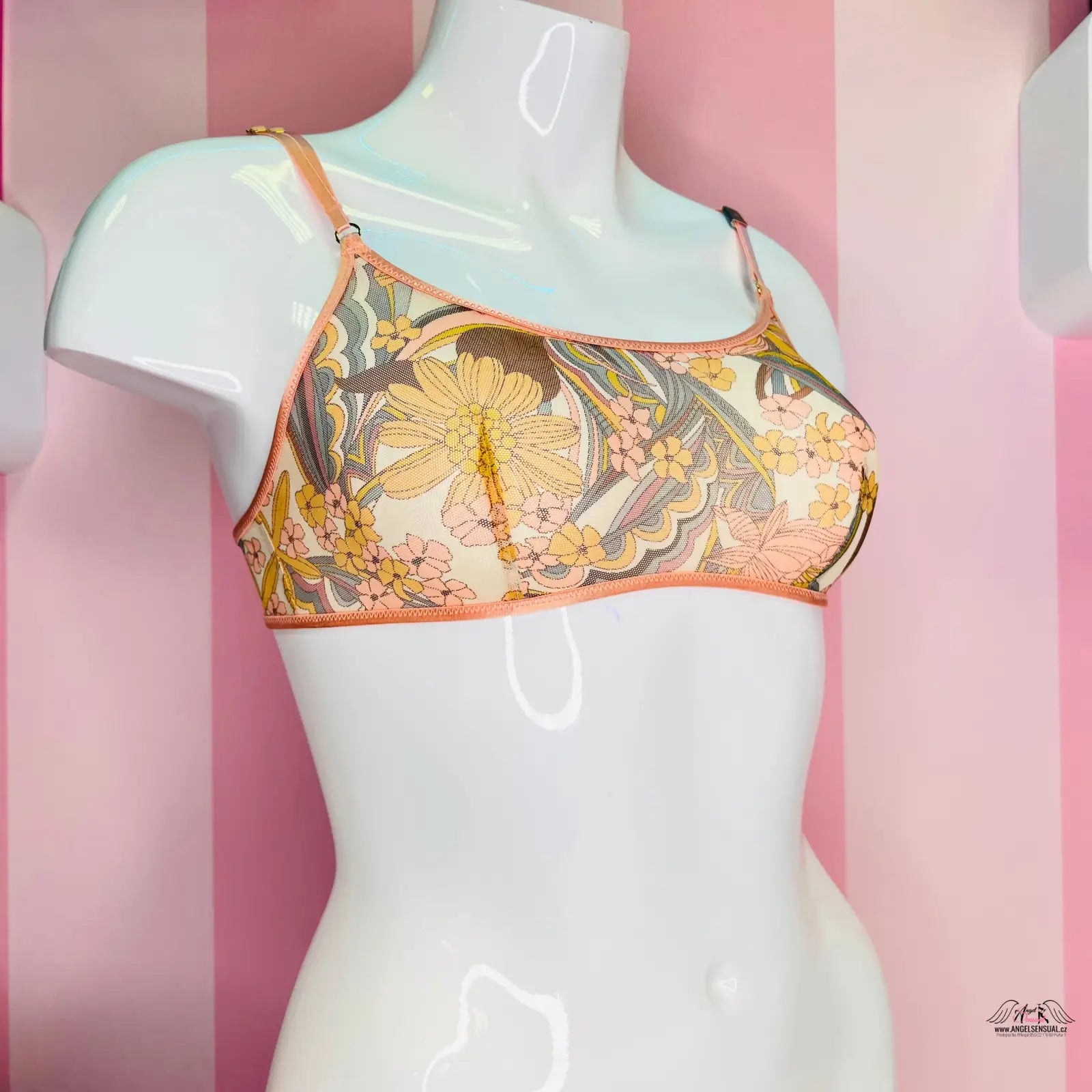 Manekýn v svůdné podprsence Victoria’s Secret Síťovaná Bla/Flow s květinovým potiskem