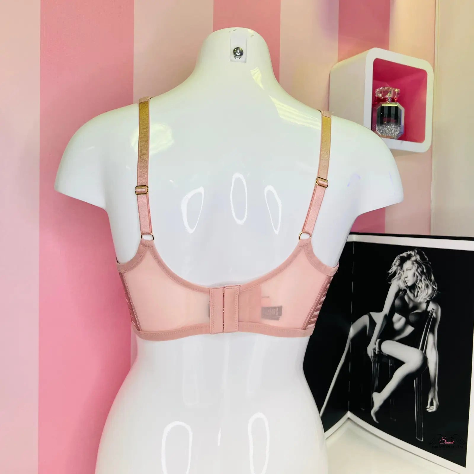 Pink síťovaná podprsenka agent provocateur na bílém modelu, sexy síťovaná podprsenka