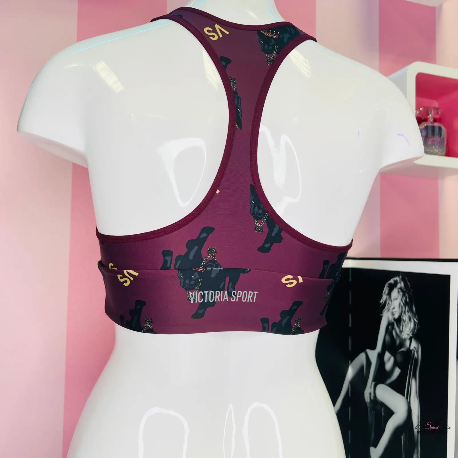 Burgundy Victoria Sport sportovní podprsenka s dinosaurem na figuríně, stylová sportovní podprsenka pro aktivní život