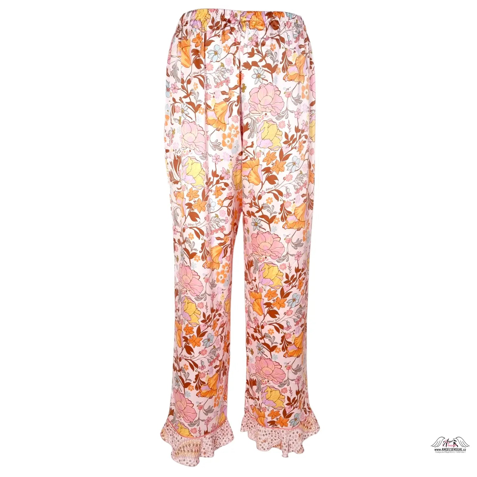 Floral print satin pants with ruffled hem, pink and orange tones, Victoria’s Secret kalhoty satin floral