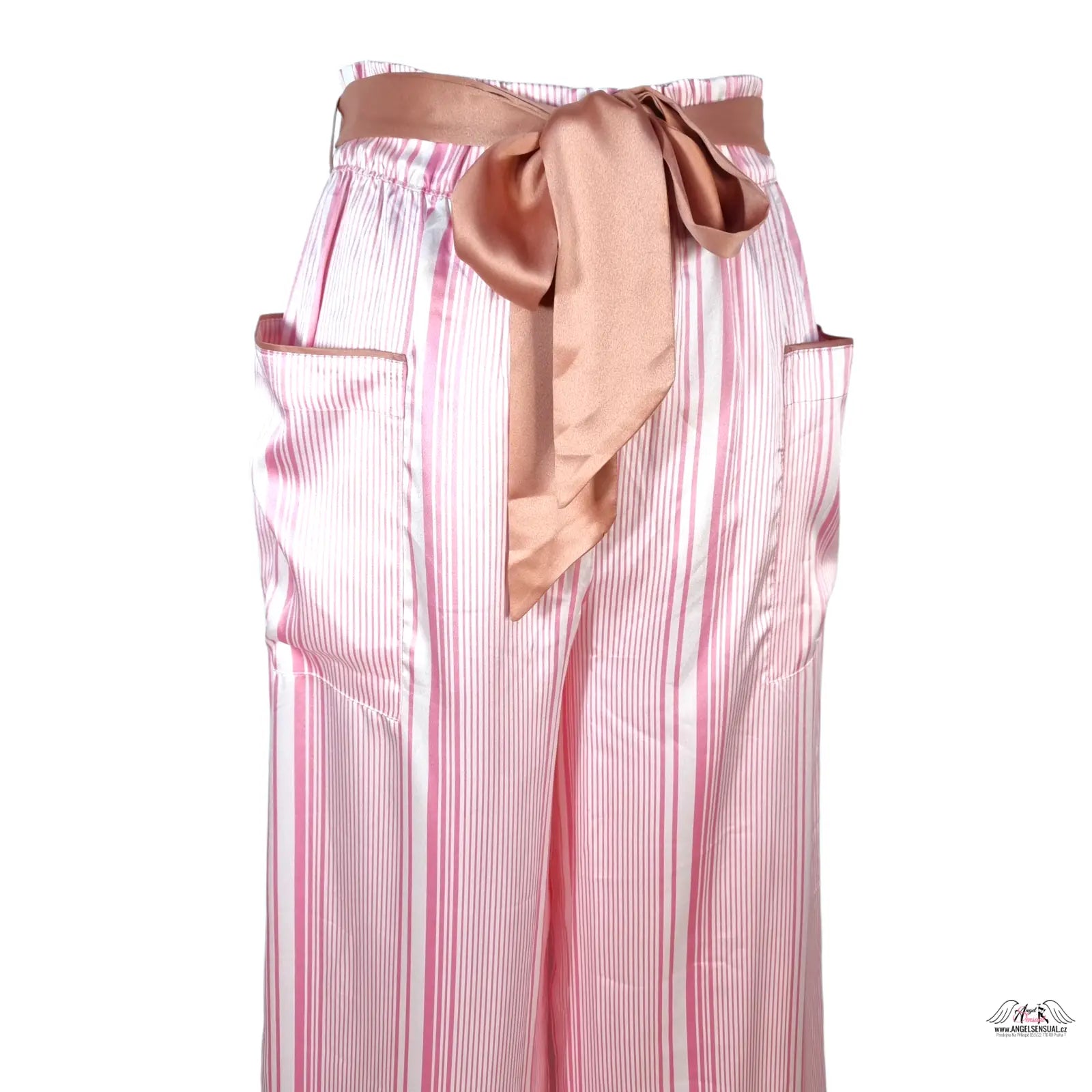 Luxusní pruhované saténové široké kalhoty Victoria’s Secret s růžovým saténovým páskem