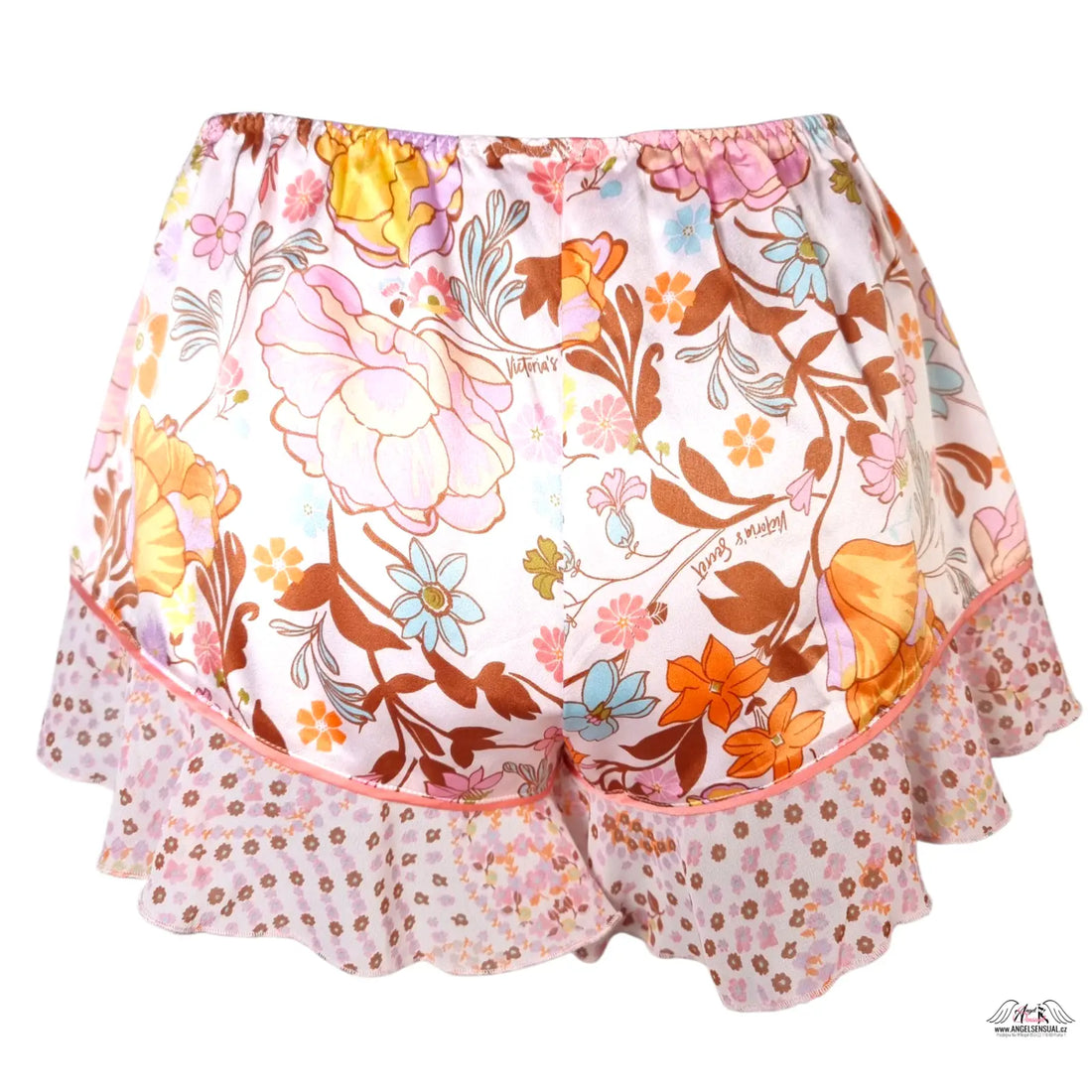 Květinové saténové kraťasy Victoria’s Secret s ruffly a růžovými detaily