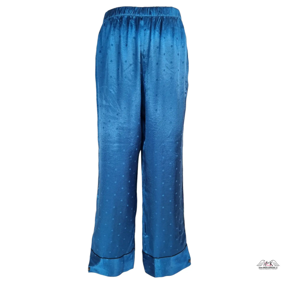 Modré hedvábné saténové kalhoty s květinovým vzorem a elastickým pasem