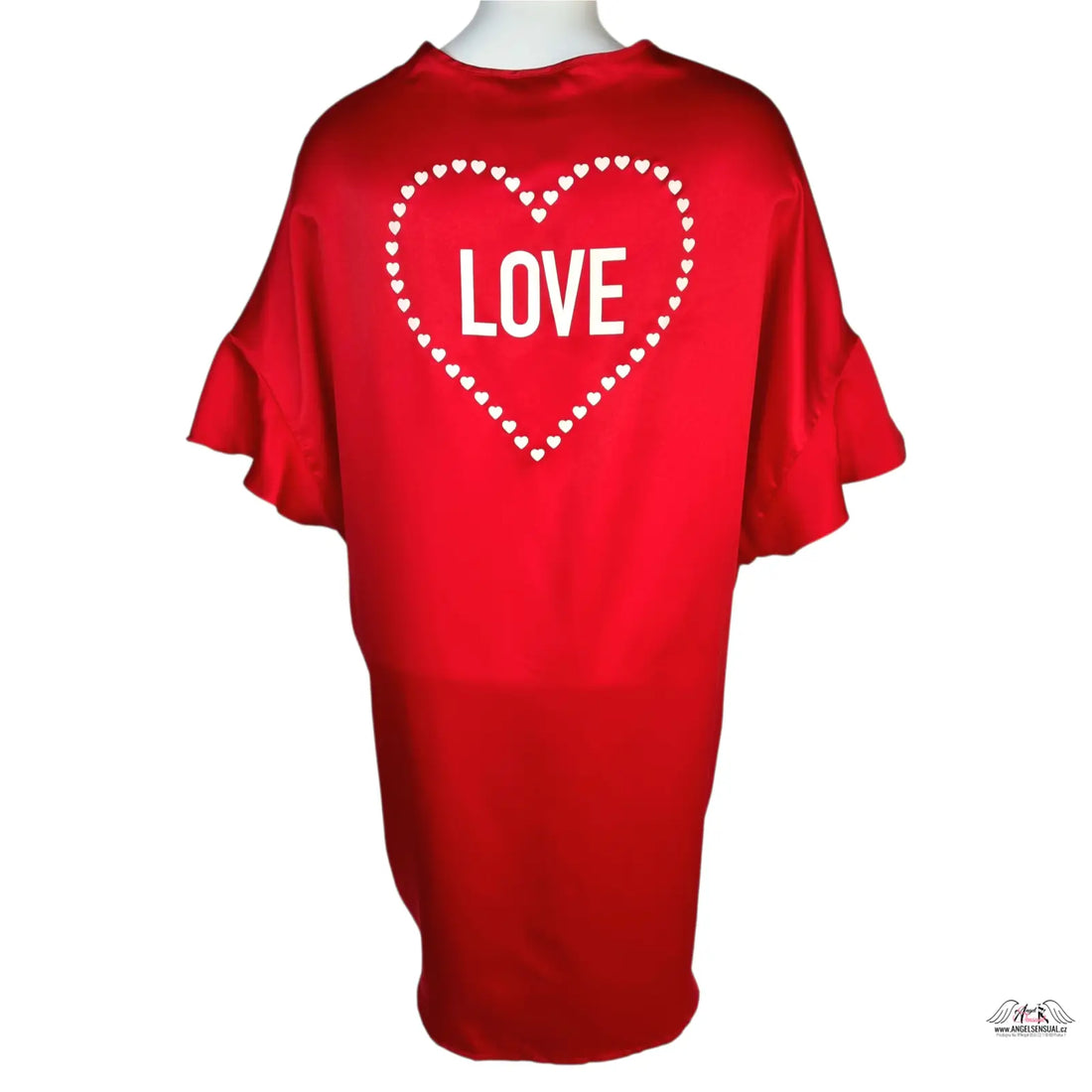 Red saténový župánek Love se rýhovanými rukávy a srdíčkovým vzorem na zádech