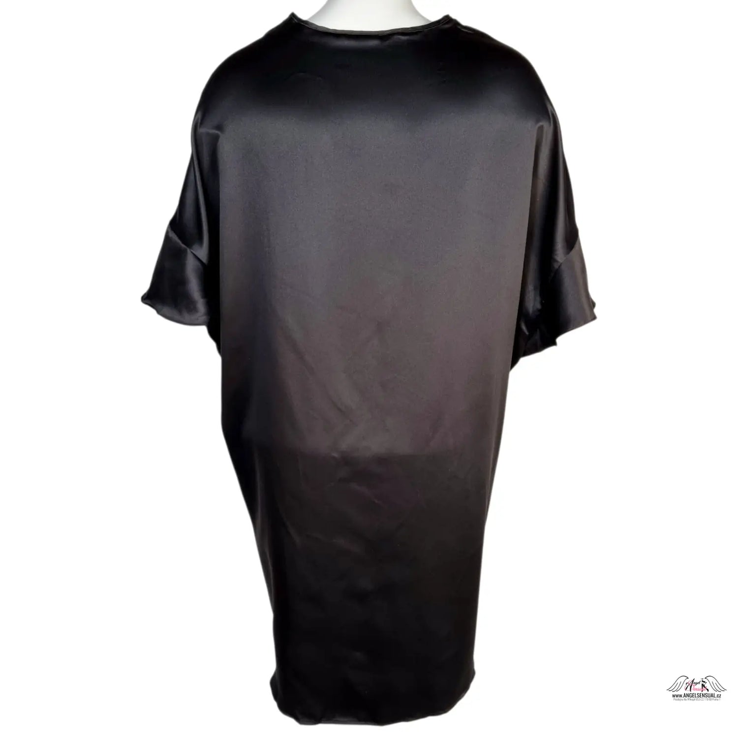Black satin short-sleeve tunic dress from Victoria’s Secret apparel & accessories collection