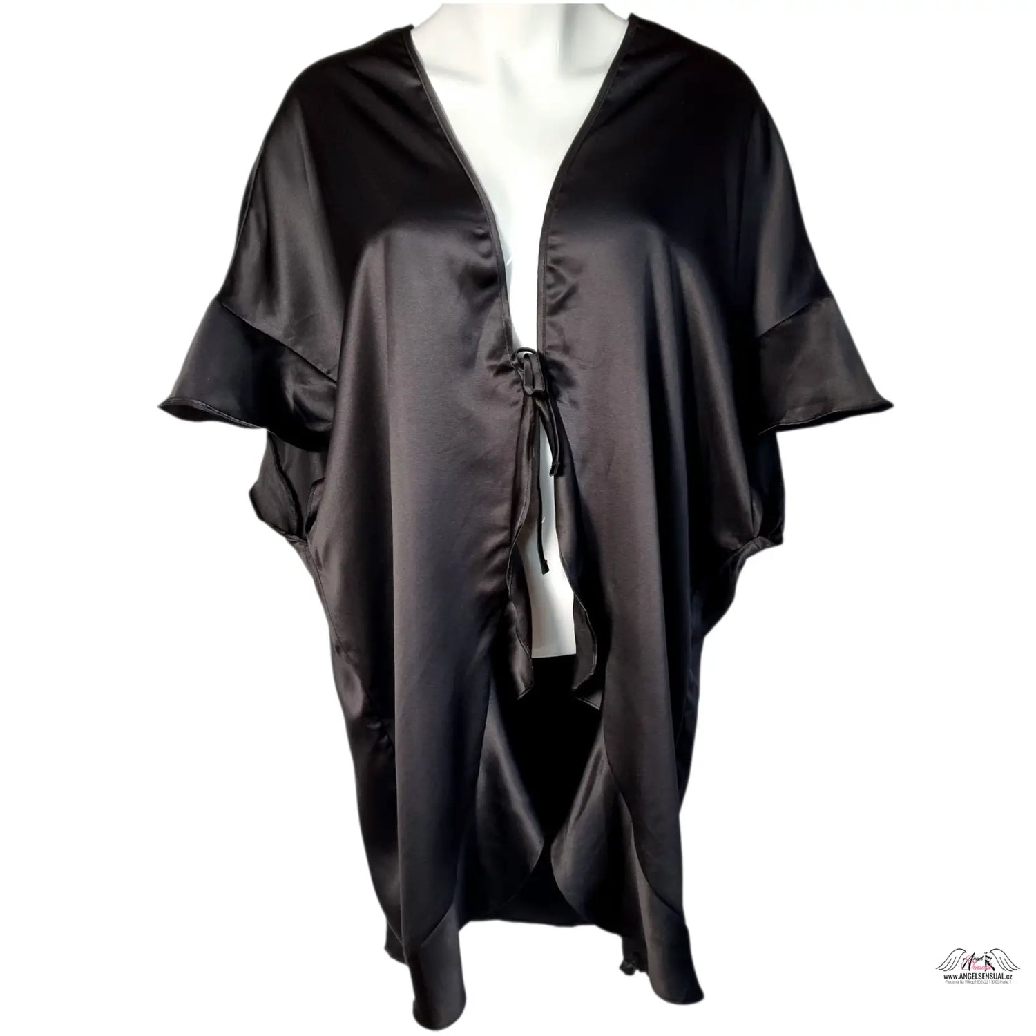 Černý saténový župan Victoria’s Secret Love s krátkými rukávy a zavazováním