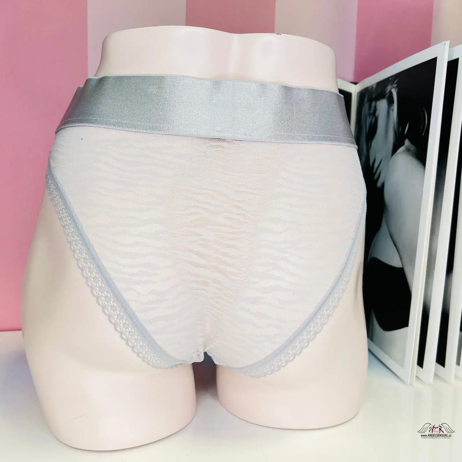 Síťované kalhotky s krajkovým lemem a vysokým pasem s stříbrnou stuhou, Victoria’s Secret
