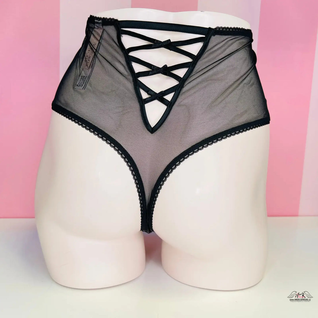 Síťované tanga s vysokým pasem, ozdobnými mašličkami a černou síťovanou mřížkou