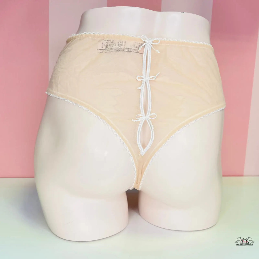 Creamové vysokým pasem síťovaná tanga Victoria’s Secret s ozdobnými mašličkami