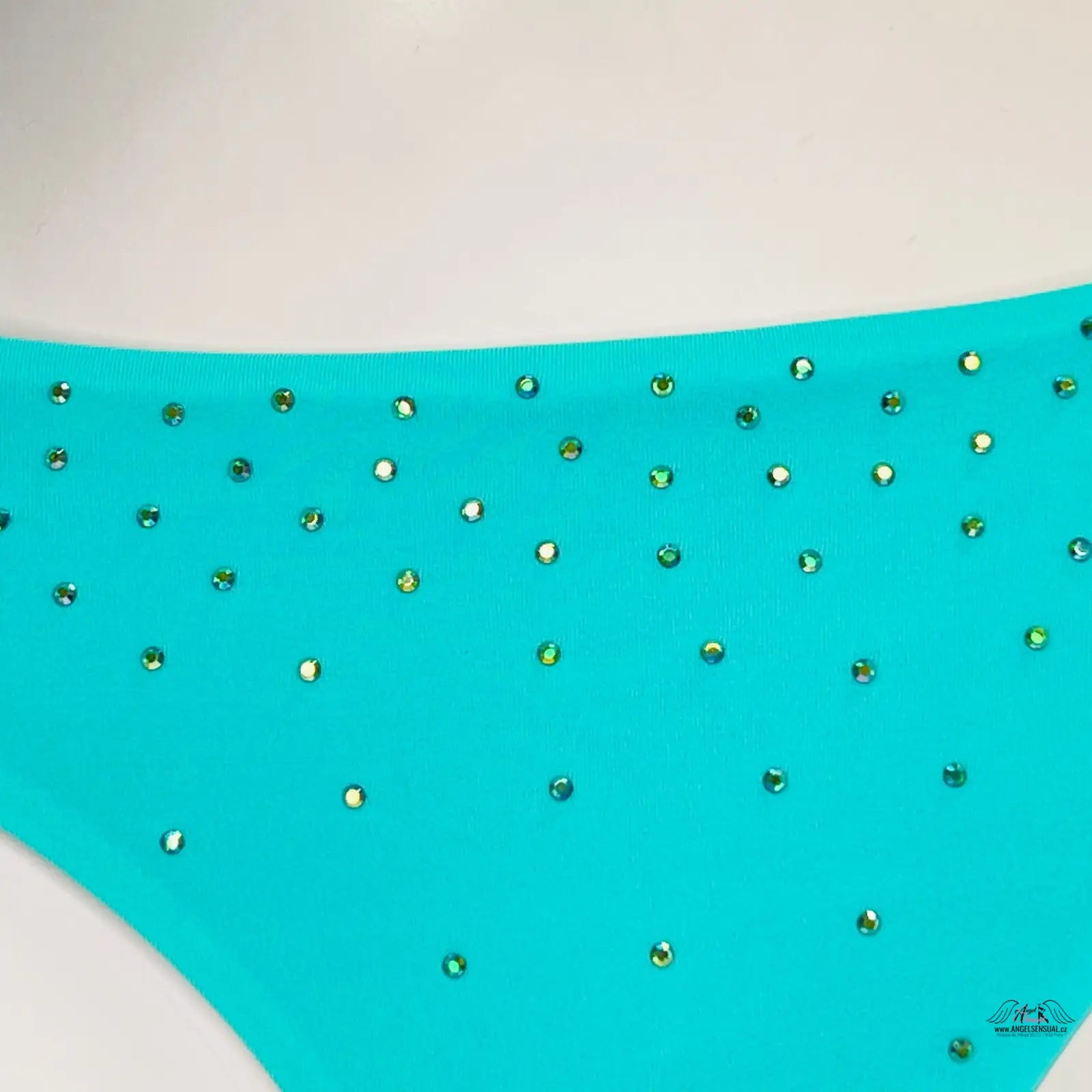 Turquoise spodní díl plavek s kamínky a řasením, elegantní spodní díl plavek