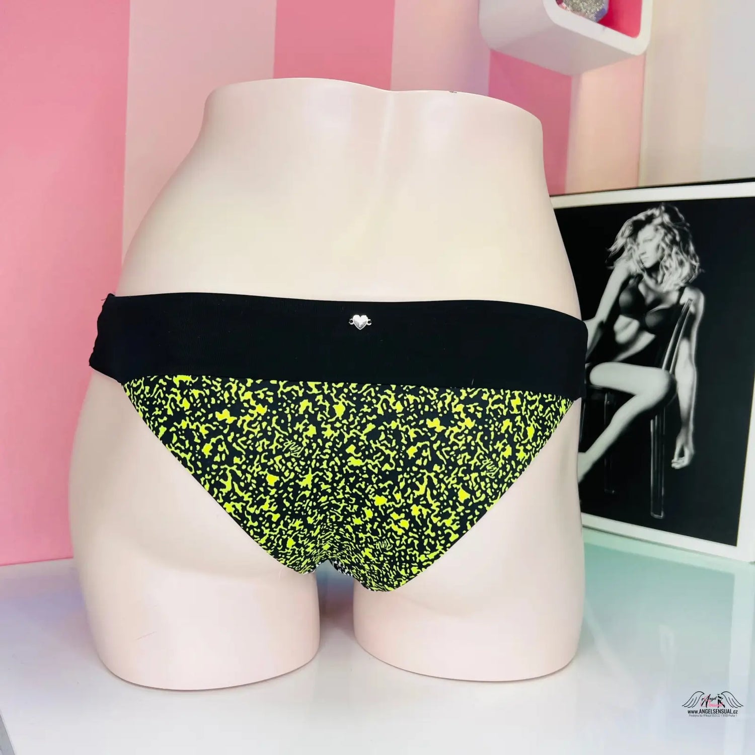 Stylový spodní díl plavek Victoria’s Secret s vyšším pasem v černé a neon žluté barvě