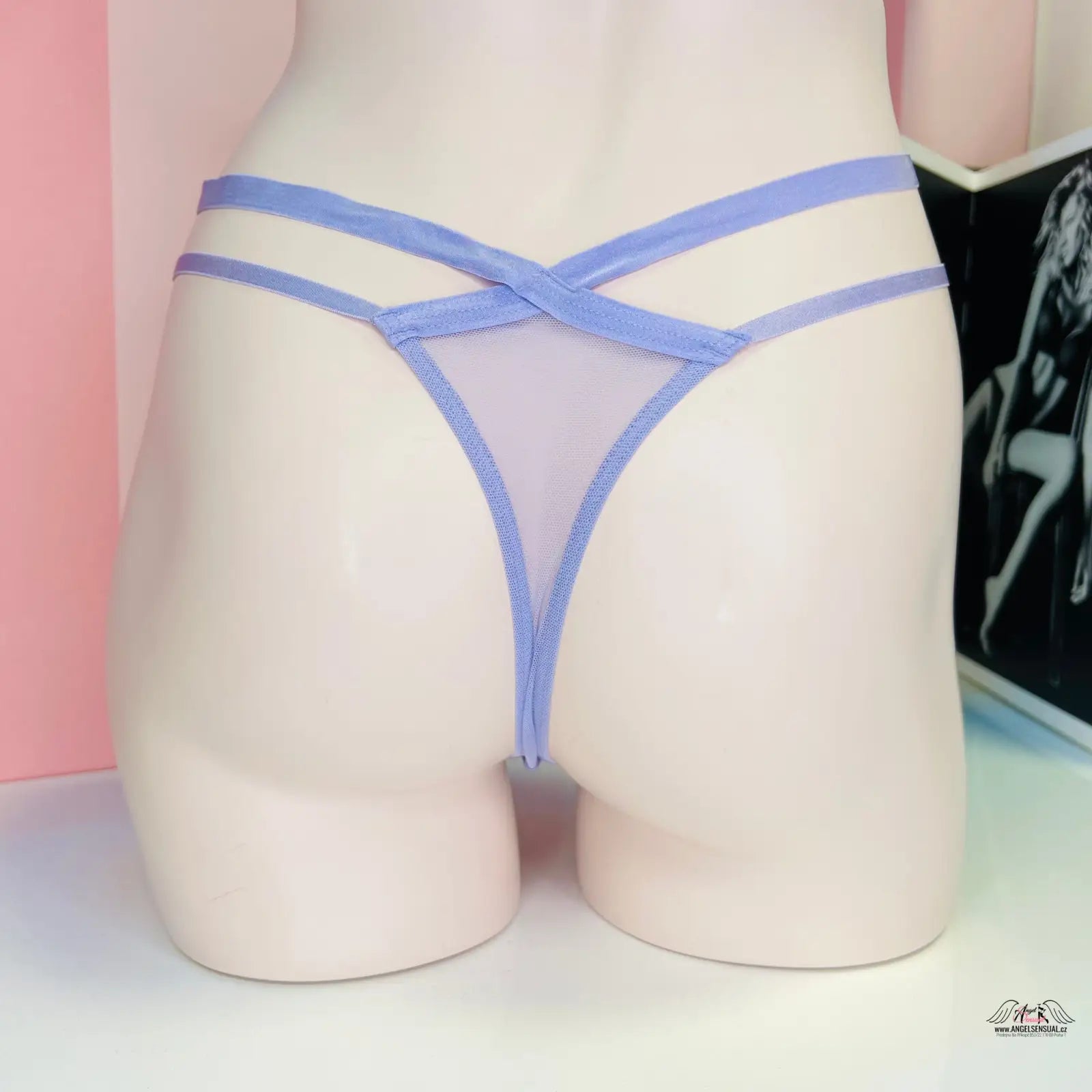 Lavender mesh thong s obdobnou krajkou, luxusní tanga s úzkými proužky