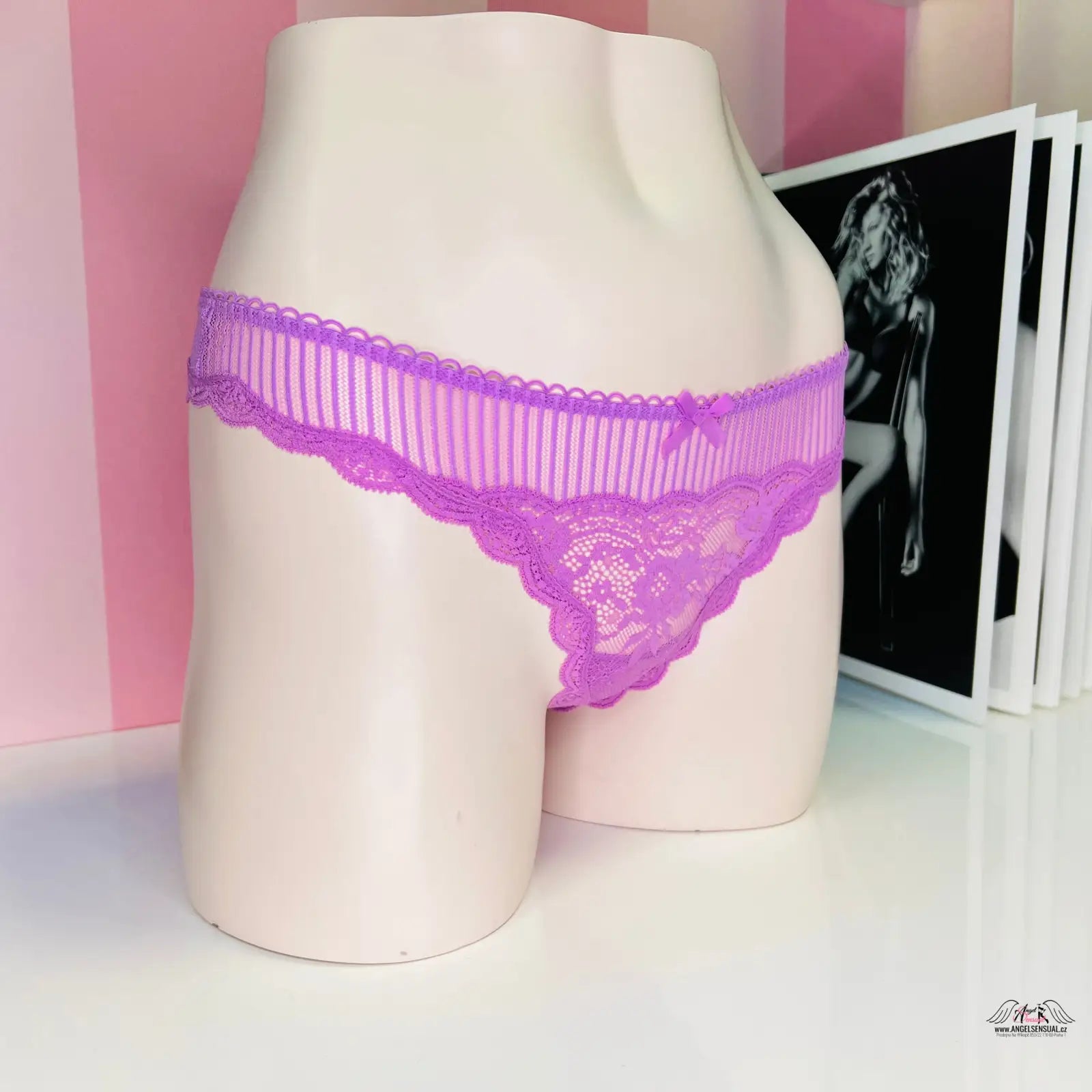 Elegant purple lace and striped mesh thong from Victoria’s Secret Lingerie collection