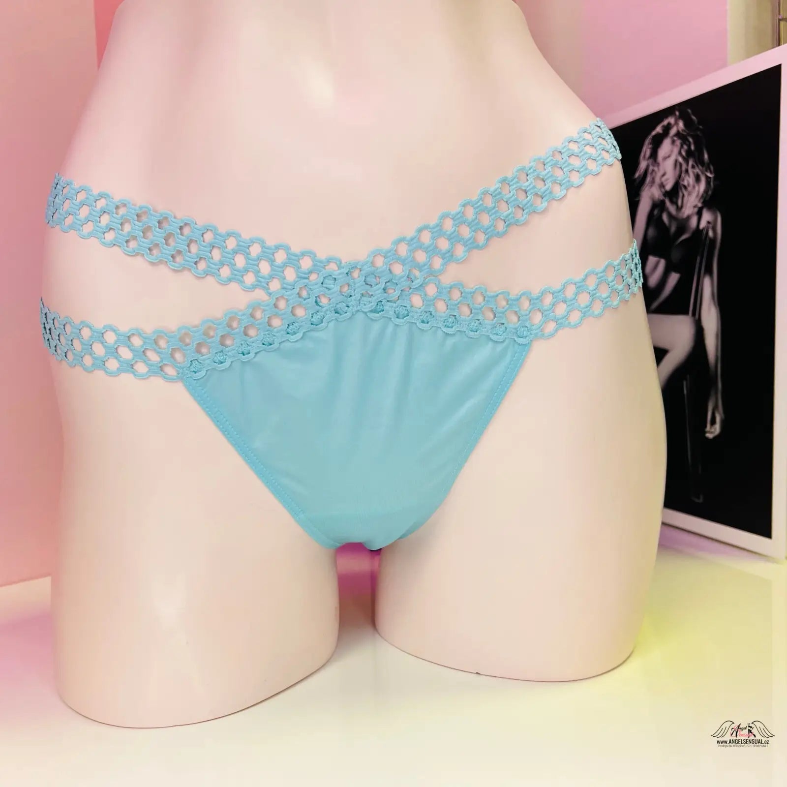 Light blue underwear with crisscrossing lattice straps, pohled oslní, Victoria’s Secret apparel & accessories