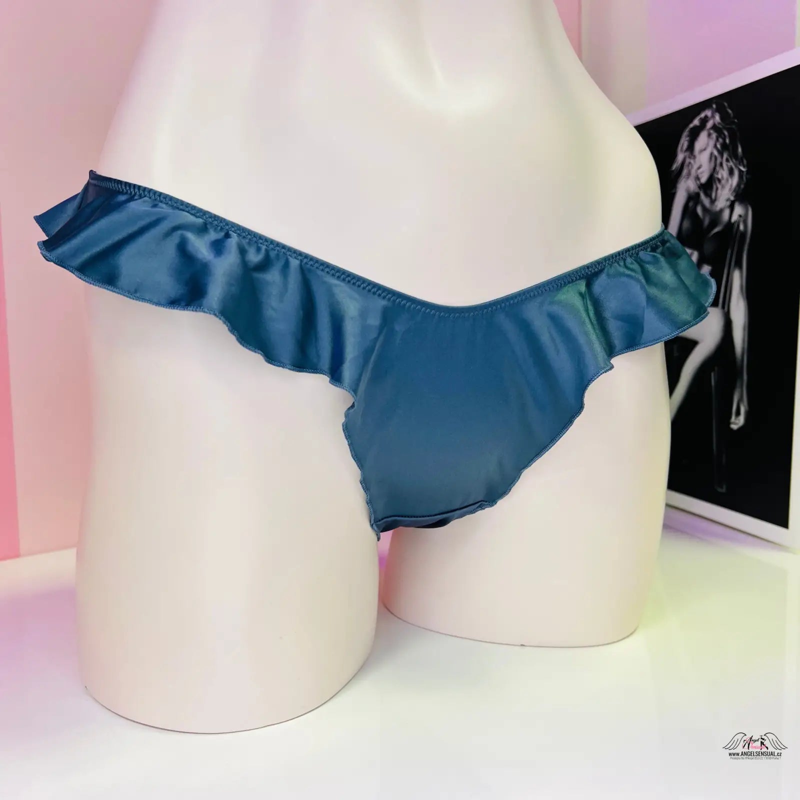 Luxusní sametové tanga Victoria’s Secret s jemnými volánky v tmavě tyrkysové barvě