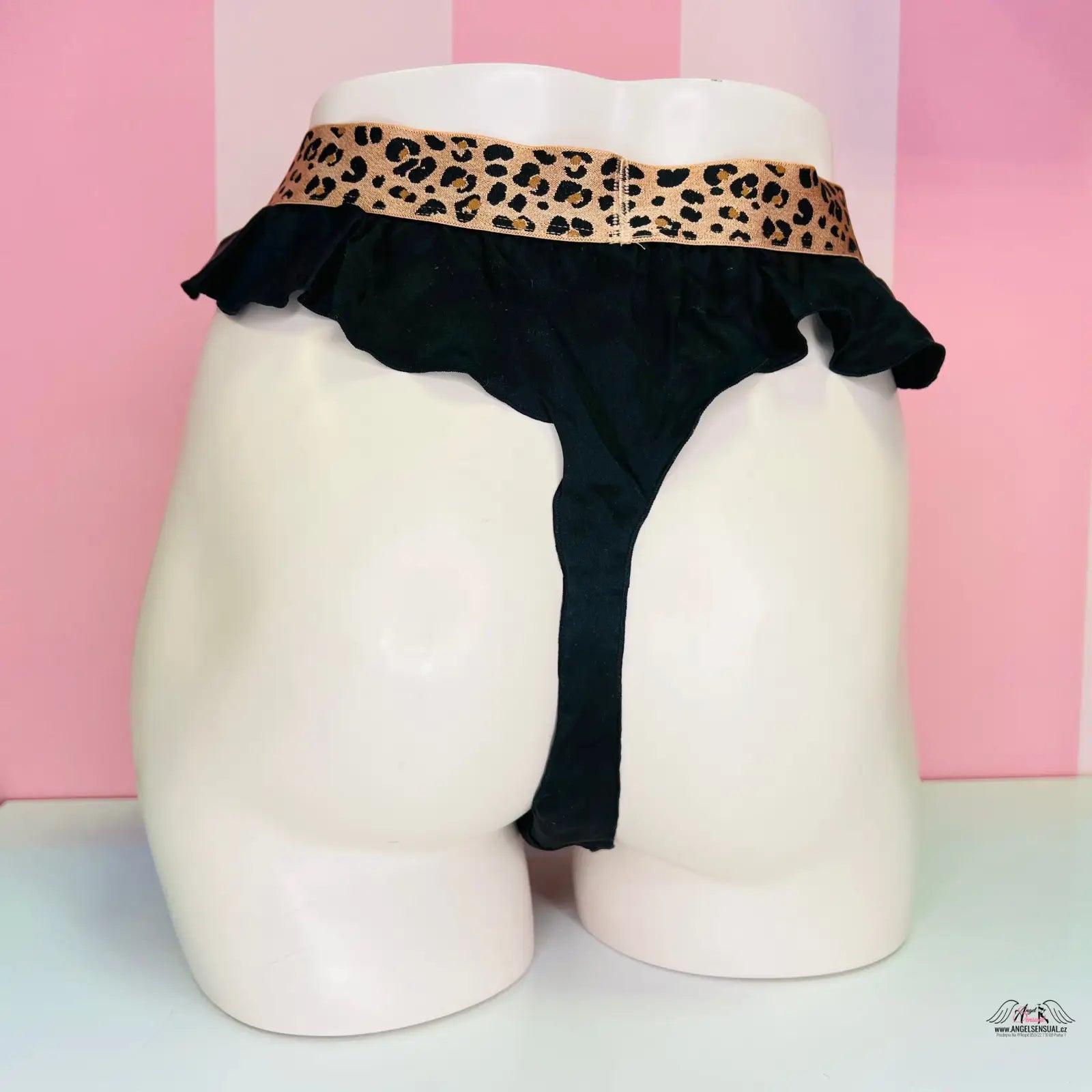 Hedvábné tanga s vysokým pasem a leopardím páskem a volánkem, maximální pohodlí