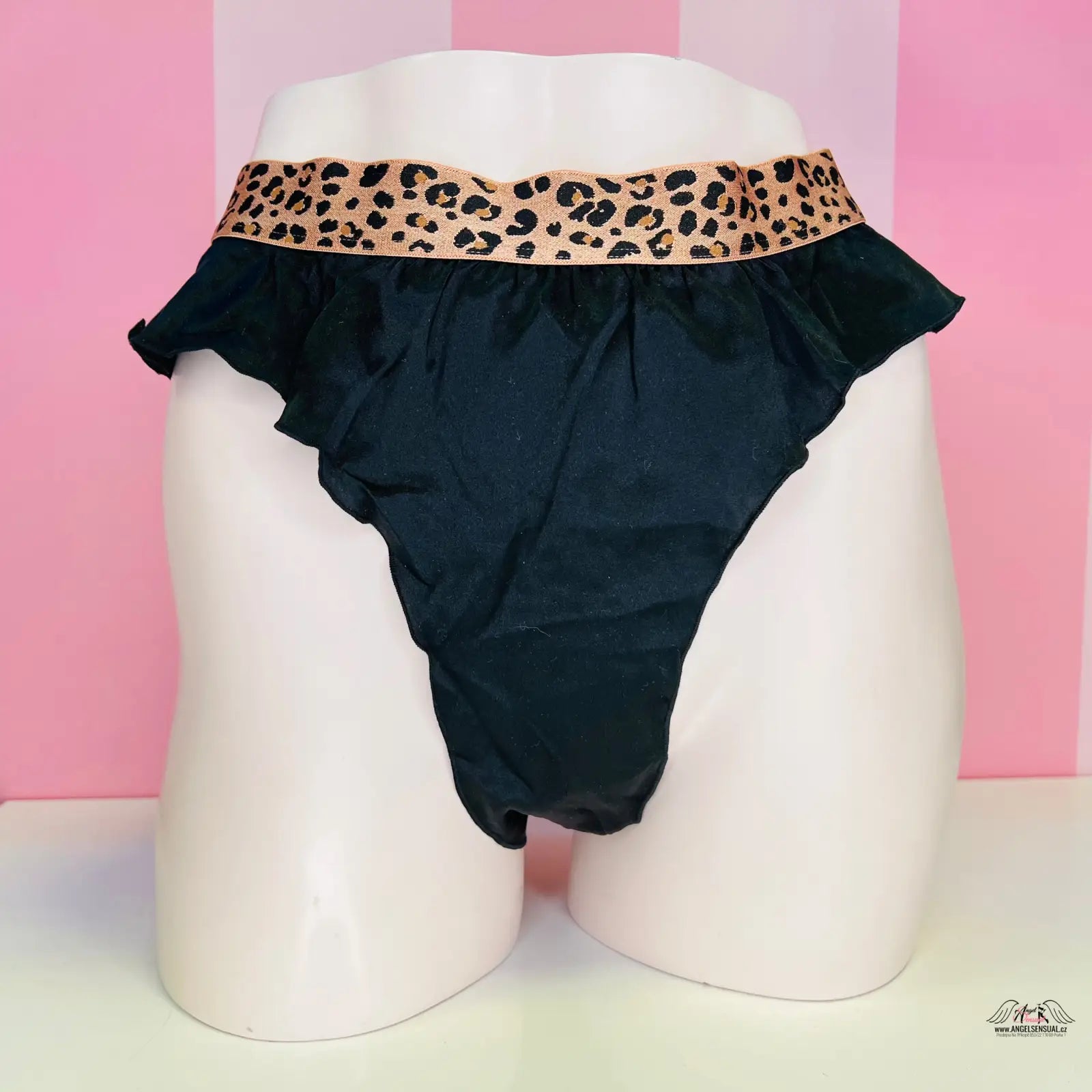 Hedvábné tanga s vysokým pasem, leopard print elastický pás a volánky