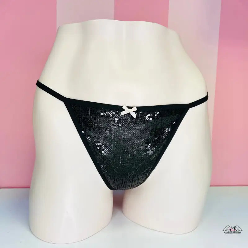 Black sequined thong underwear with white bow from Victoria’s Secret Luxurious Set pěti kalhotek