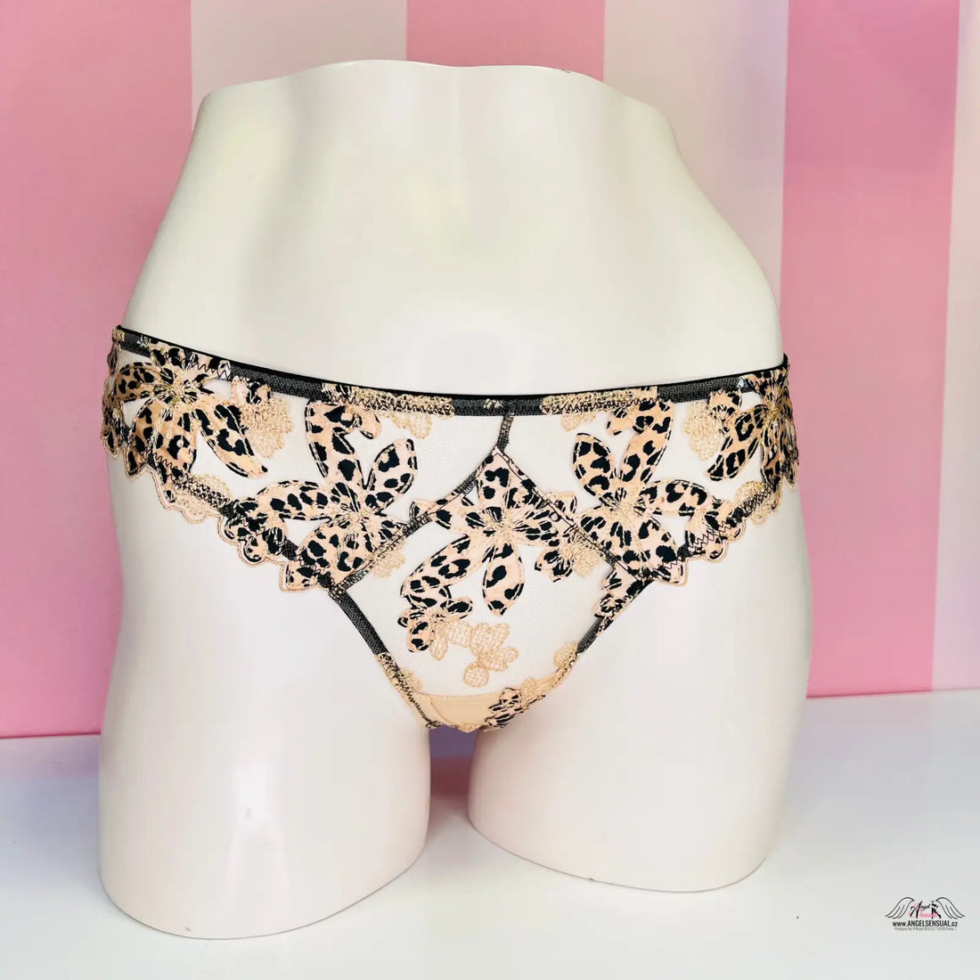 Lace a květinový vzor jemné síťoviny síťované tanga v béžové a černé barvě