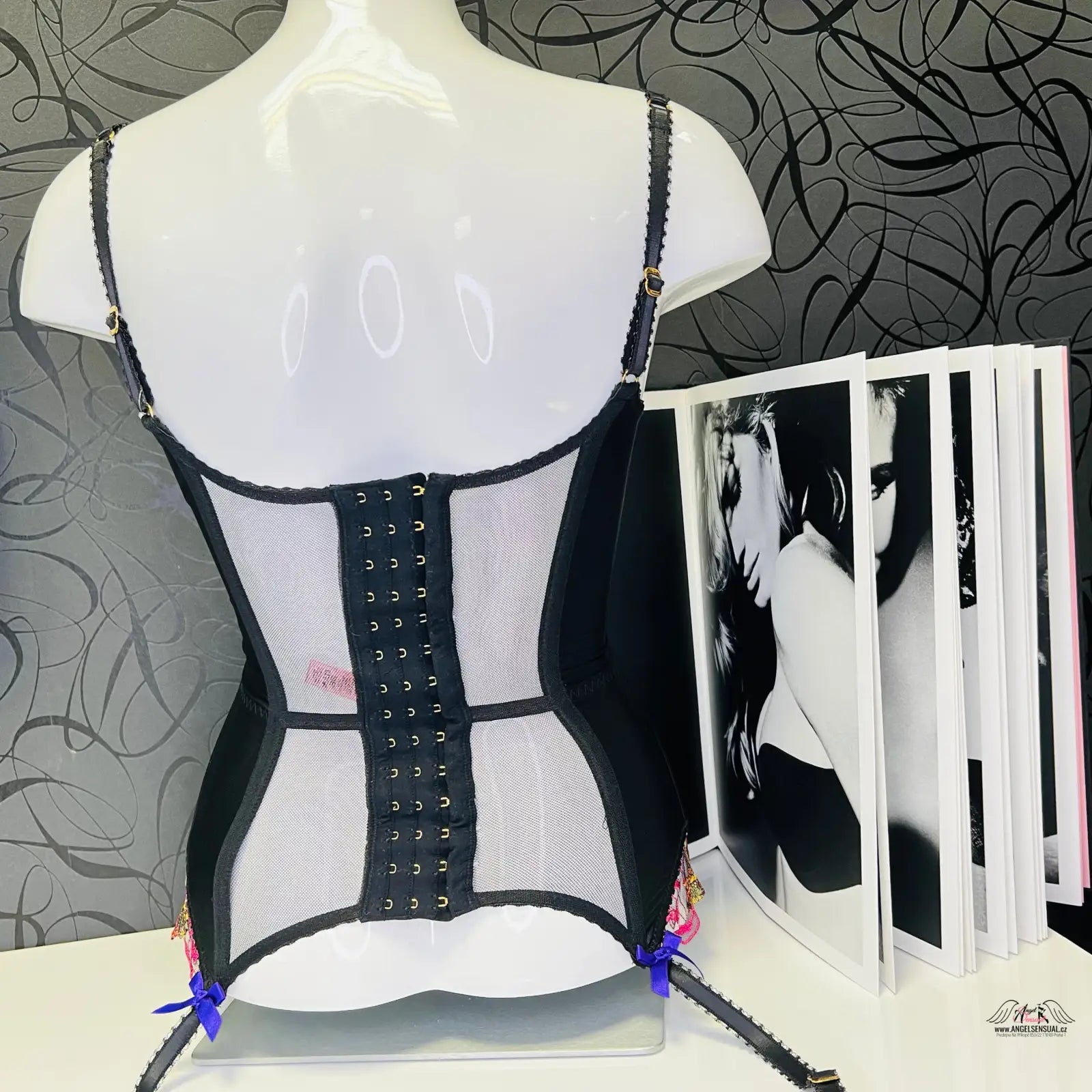 Černý korzet s bílým a modrým zdobením, produkt Zuri Basque Black Multi