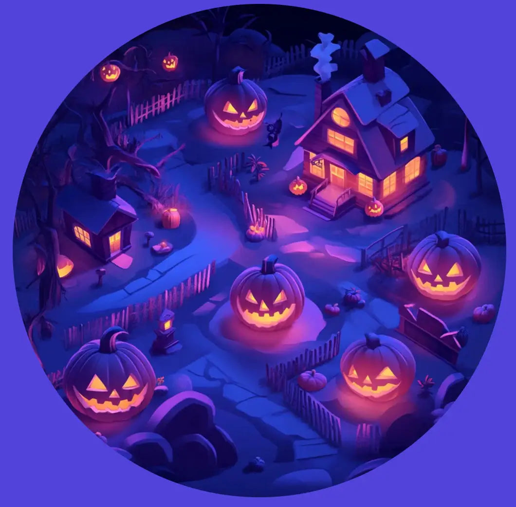 Kruhová scéna Halloweenu s dýněmi a osvětlenými domy, granátové jablko edp.