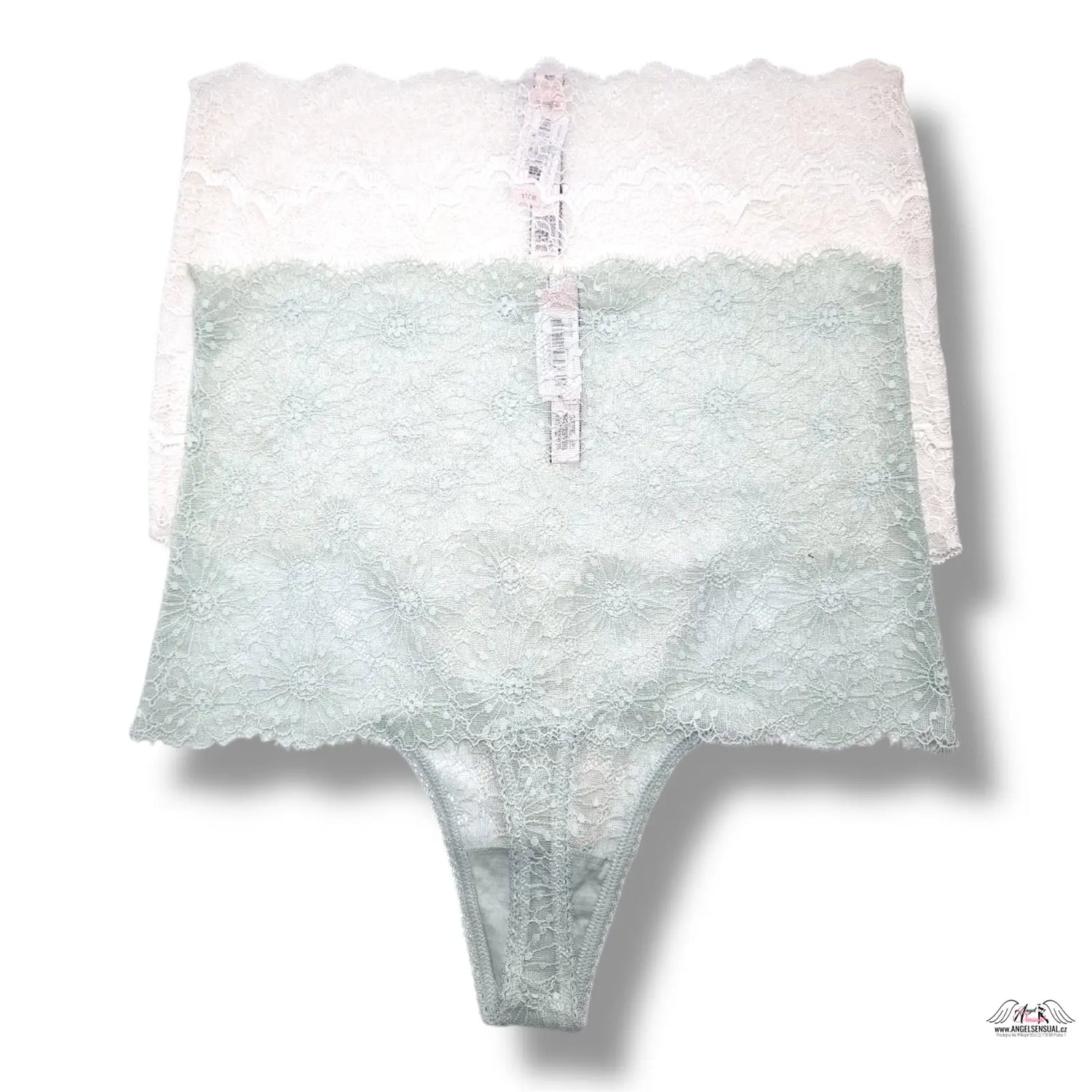 Bílé krajkové tanga s květinovou výšivkou a lemováním