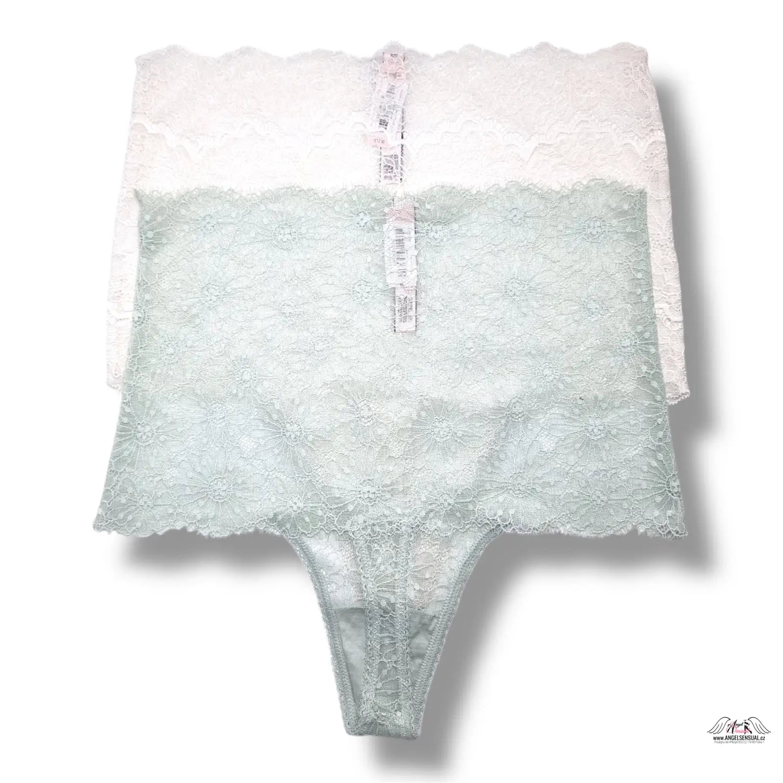 Bílé krajkové tanga s květinovou výšivkou a lemováním