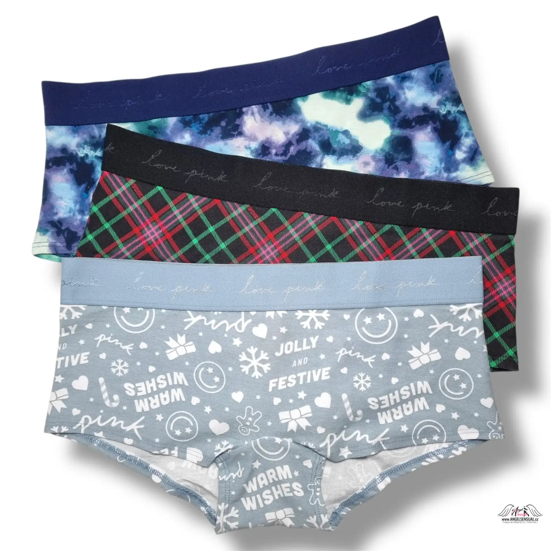 3balení bavlněných boyshort kalhotek s růžovým tartanem a galaxií