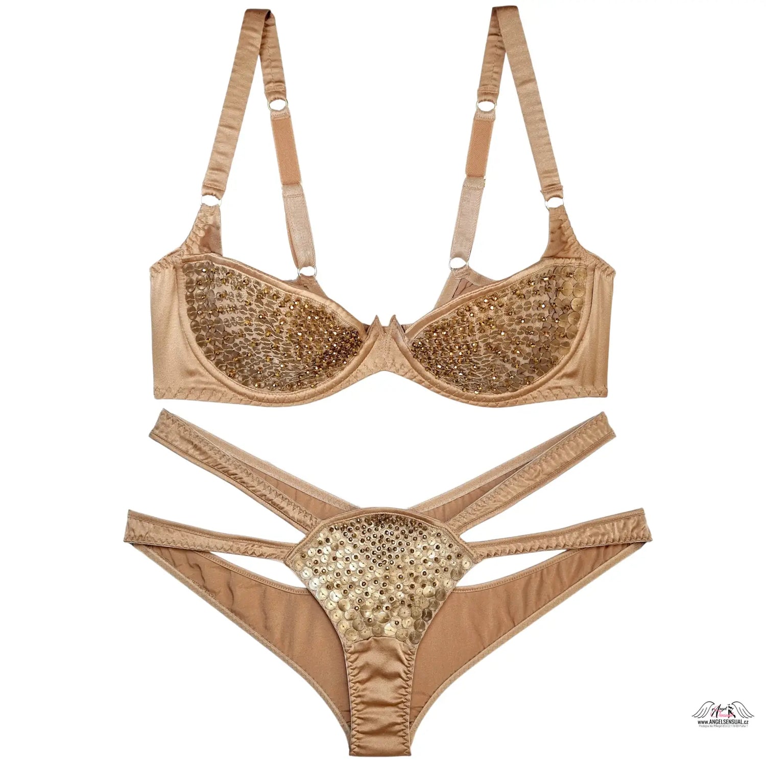 Beige saténové spodní prádlo Agent Provocateur Astra Gold s třpytivými zlatými flitry