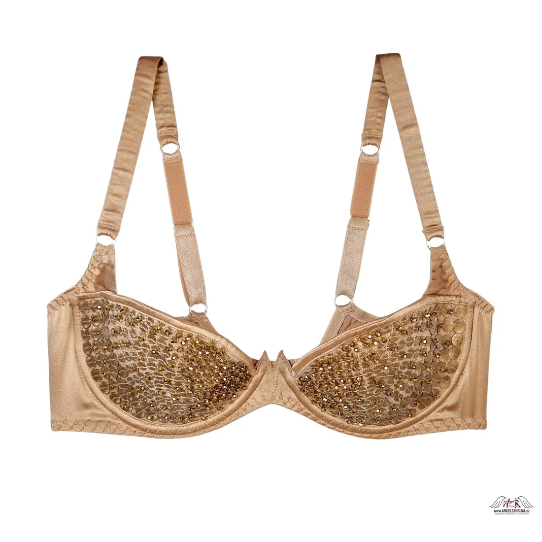 Beige podprsenka Astra Gold od Agent Provocateur s zlatými flitry a saténovými popruhy