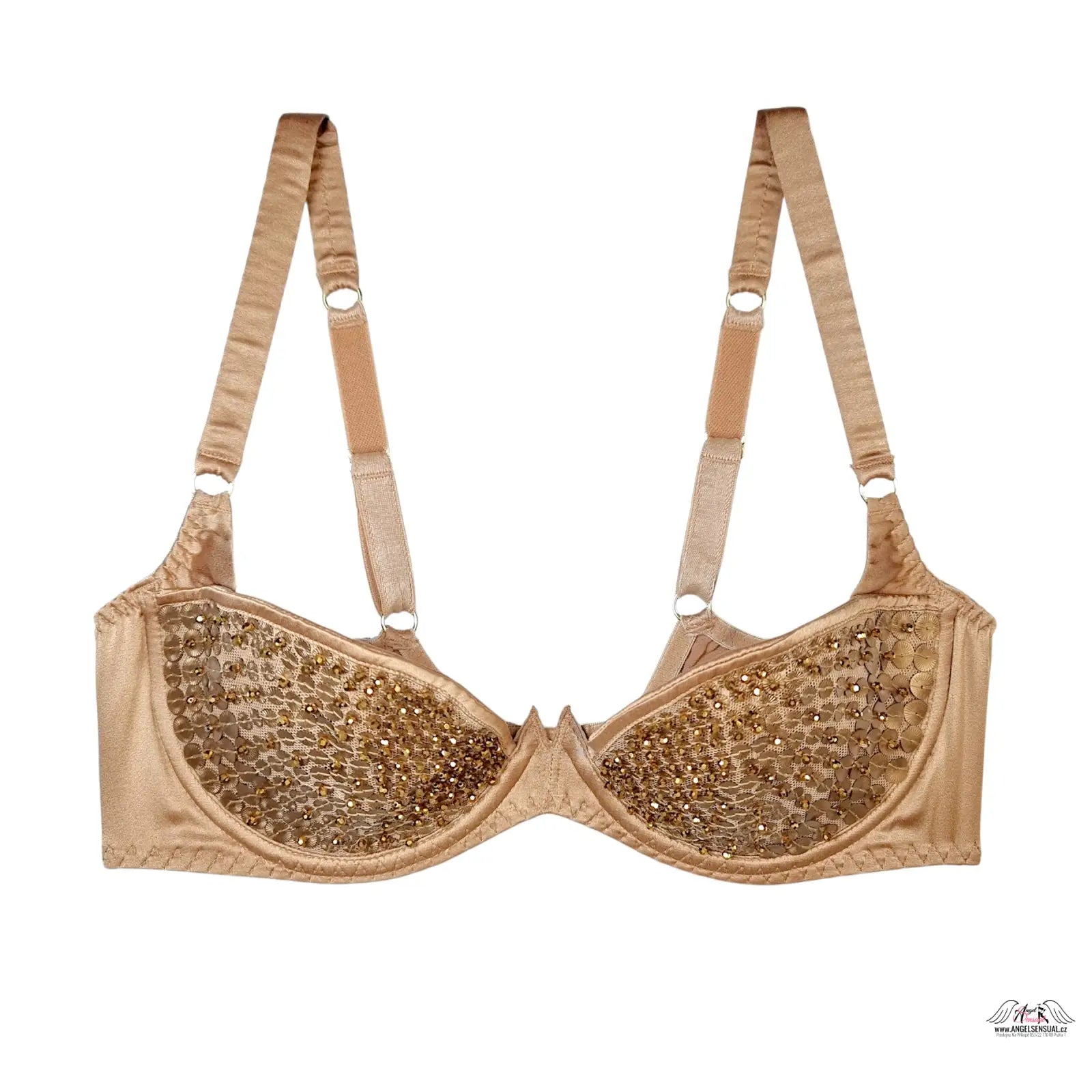 Beige podprsenka Astra Gold od Agent Provocateur s zlatými flitry a saténovými popruhy