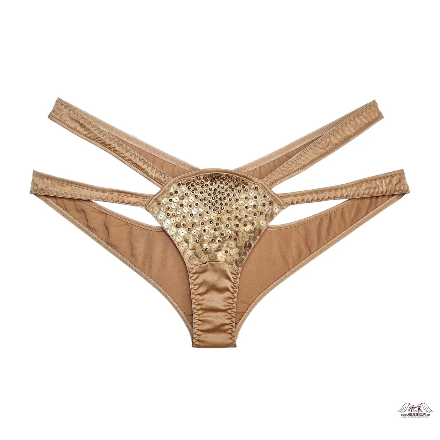 Beige saténové kalhotky Agent Provocateur Astra Gold s třpytivými cákánky