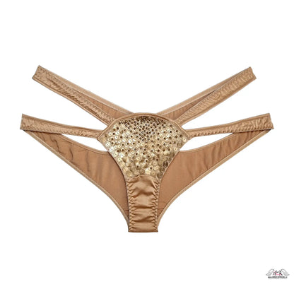 Beige saténové kalhotky Agent Provocateur Astra Gold s třpytivými cákánky