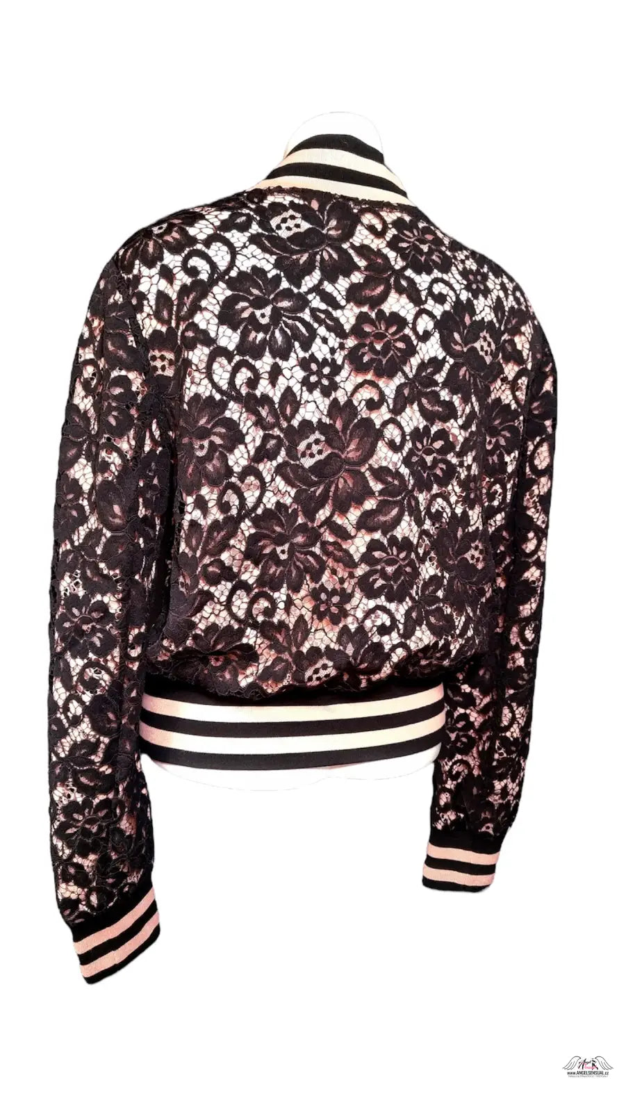 Black floral lace bunda Codey bomber s bílými a černými pruhy, stylová bunda Codey
