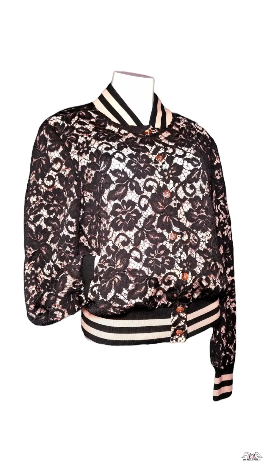 Black krajková bunda Codey Bomber s růžovým a bílým pruhem, stylová bunda Codey