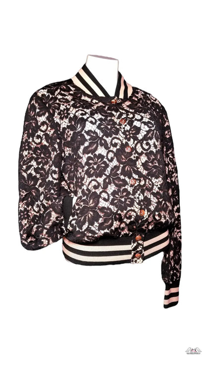 Black krajková bunda Codey Bomber s růžovým a bílým pruhem, stylová bunda Codey