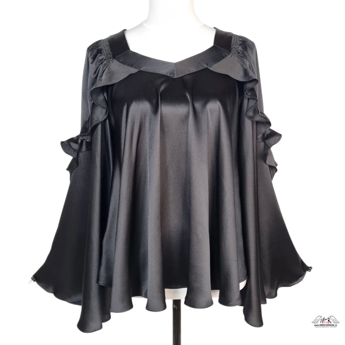Agent Provocateur Hedvábná Košilka May Babydoll černá s ruffled dlouhými rukávy