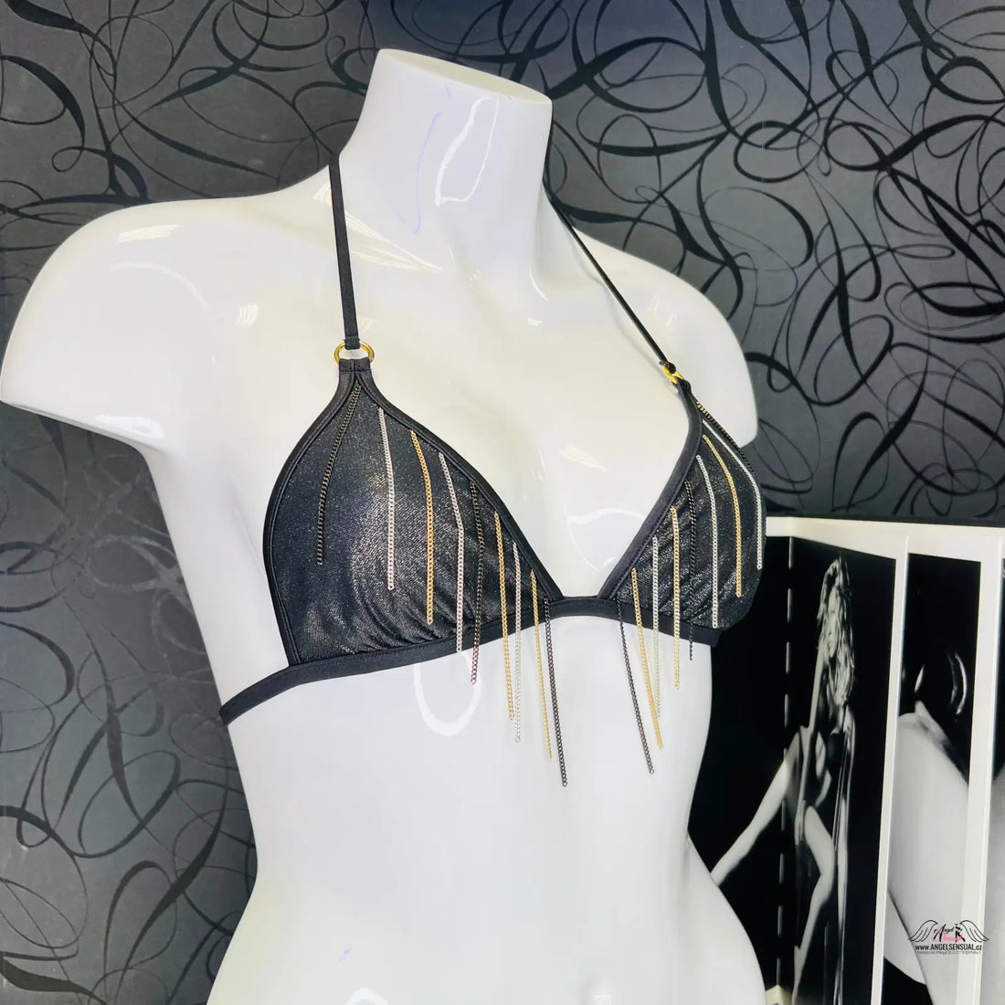 Black bikinový horní díl plavek s řetízkovým třásněm, stylový horní díl plavek