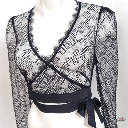 Agent Provocateur Elsey Wrap Top černé krajkové s dlouhým rukávem a hlubokým výstřihem